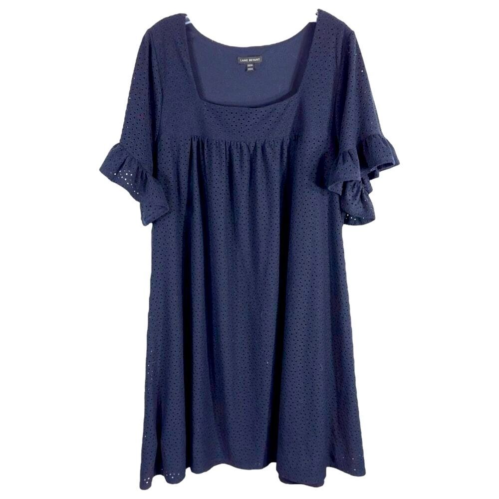 Lane Bryant Plus Size 14 16 Dress Navy Blue Eyelet Shift Ruffle Below Knee